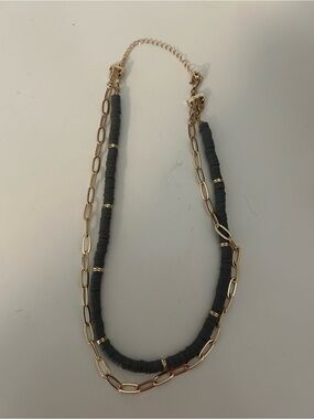 Gold Link & Charcoal Bead Layered Necklace - Unbranded